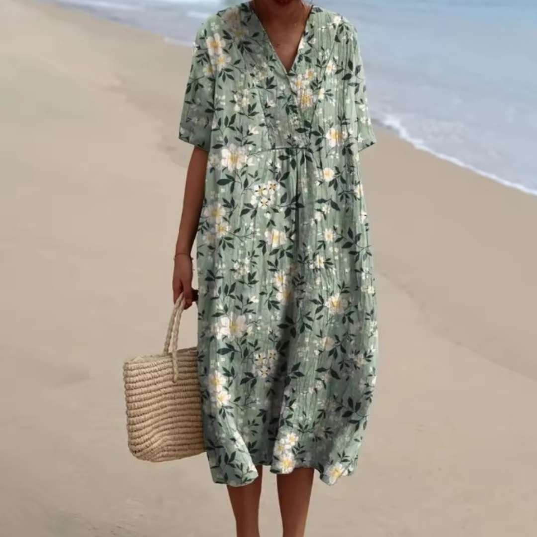 Elowen™ | Soft Green Floral V-Neck Midi Dress