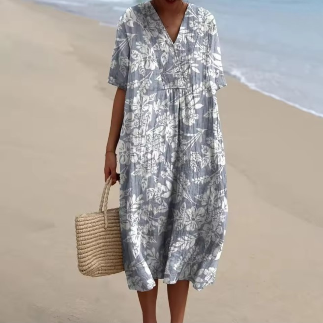 Marisel™ | Misty Blue Floral V-Neck Midi Dress
