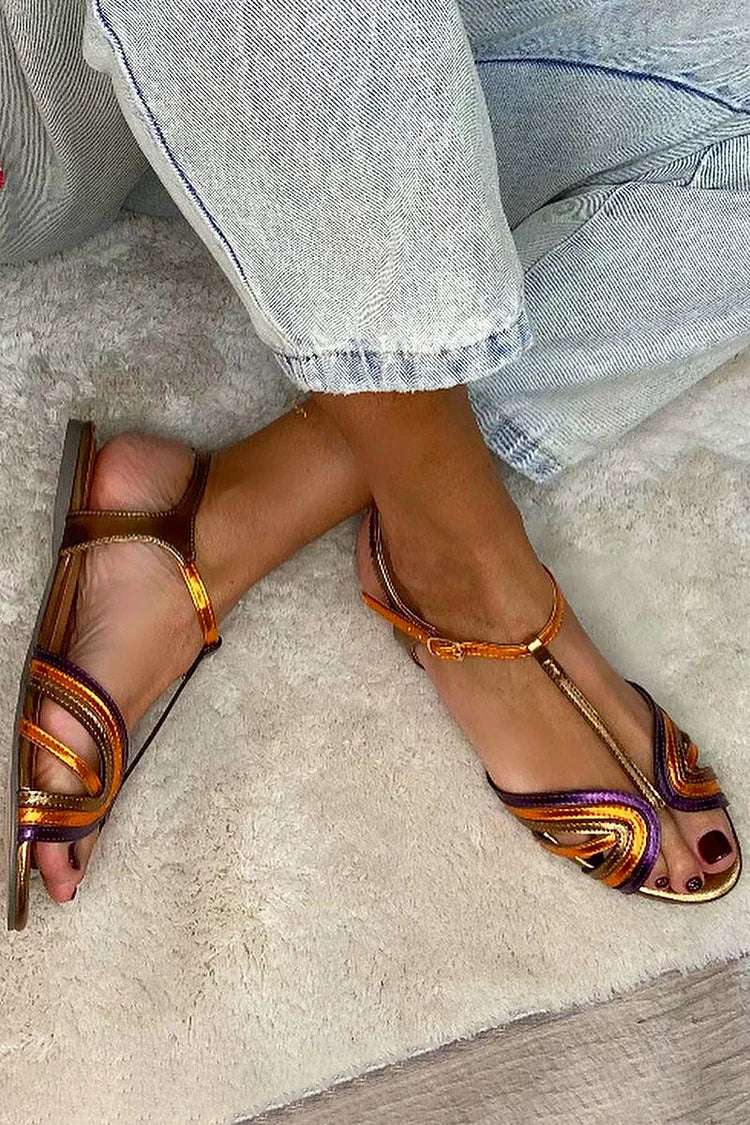 Harper - Golden Sandals with Buckle and Multicolour Strap for Summer