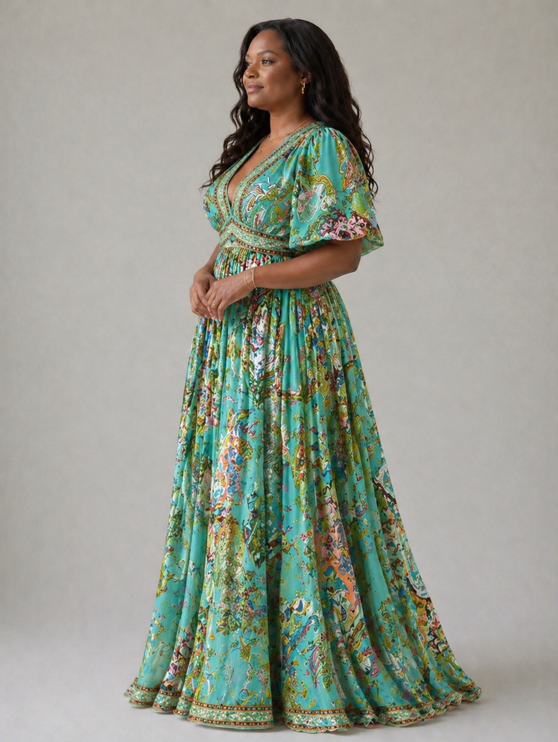 Elise | Airy maxi dress with puff sleeves and V-neck