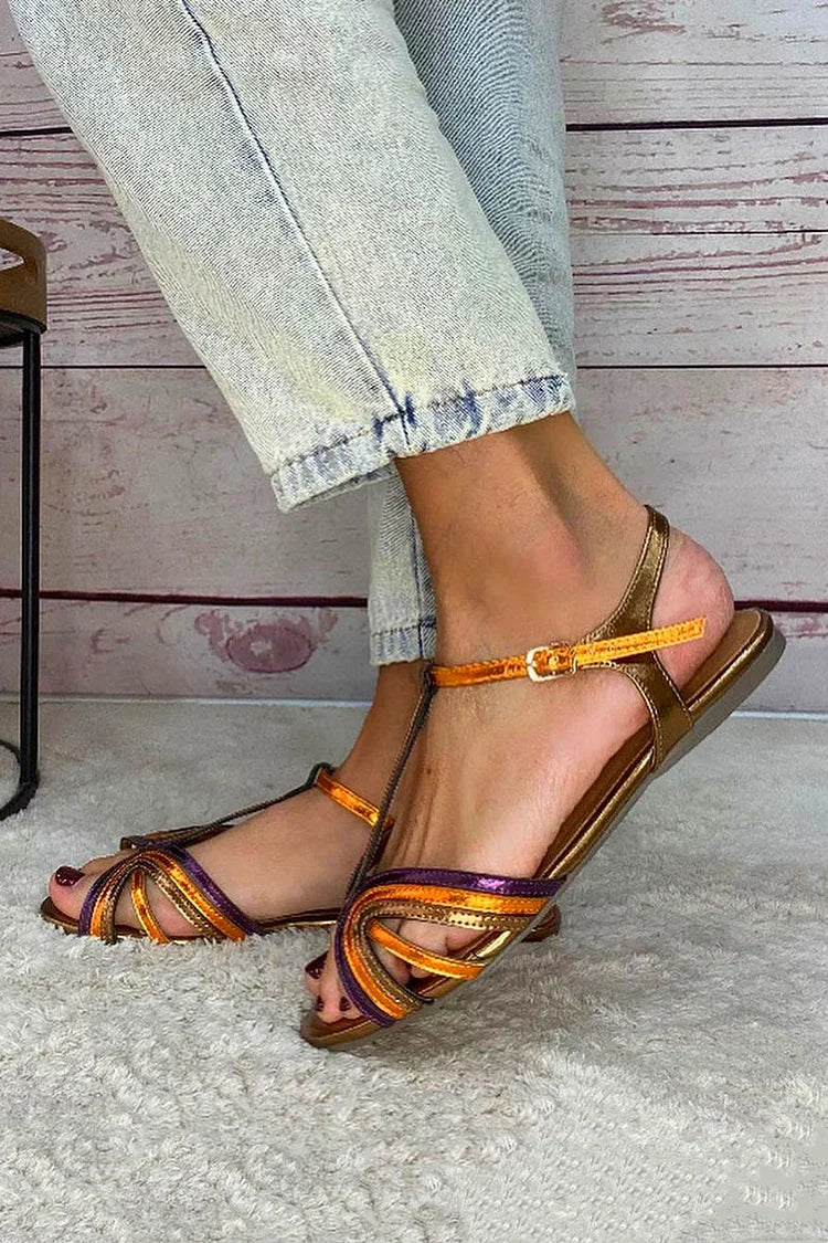 Harper - Golden Sandals with Buckle and Multicolour Strap for Summer