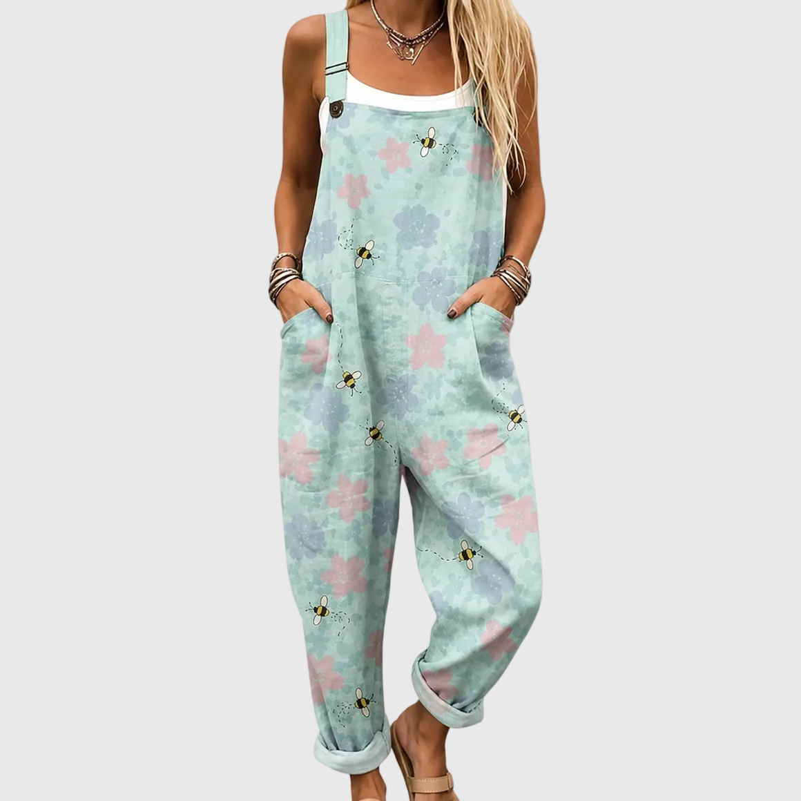 PASTEL FLOWERS AND BEES DUNGAREES