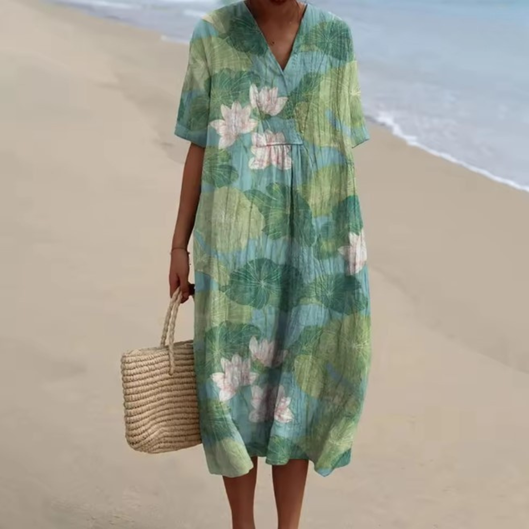 Elara™ | Tropical Lotus Breeze Midi Dress