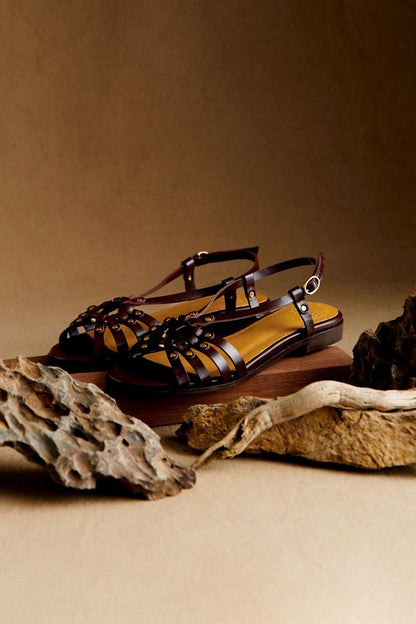 Scarlett - Metal Studded Sandals with Openings in Dark Brown for Summer