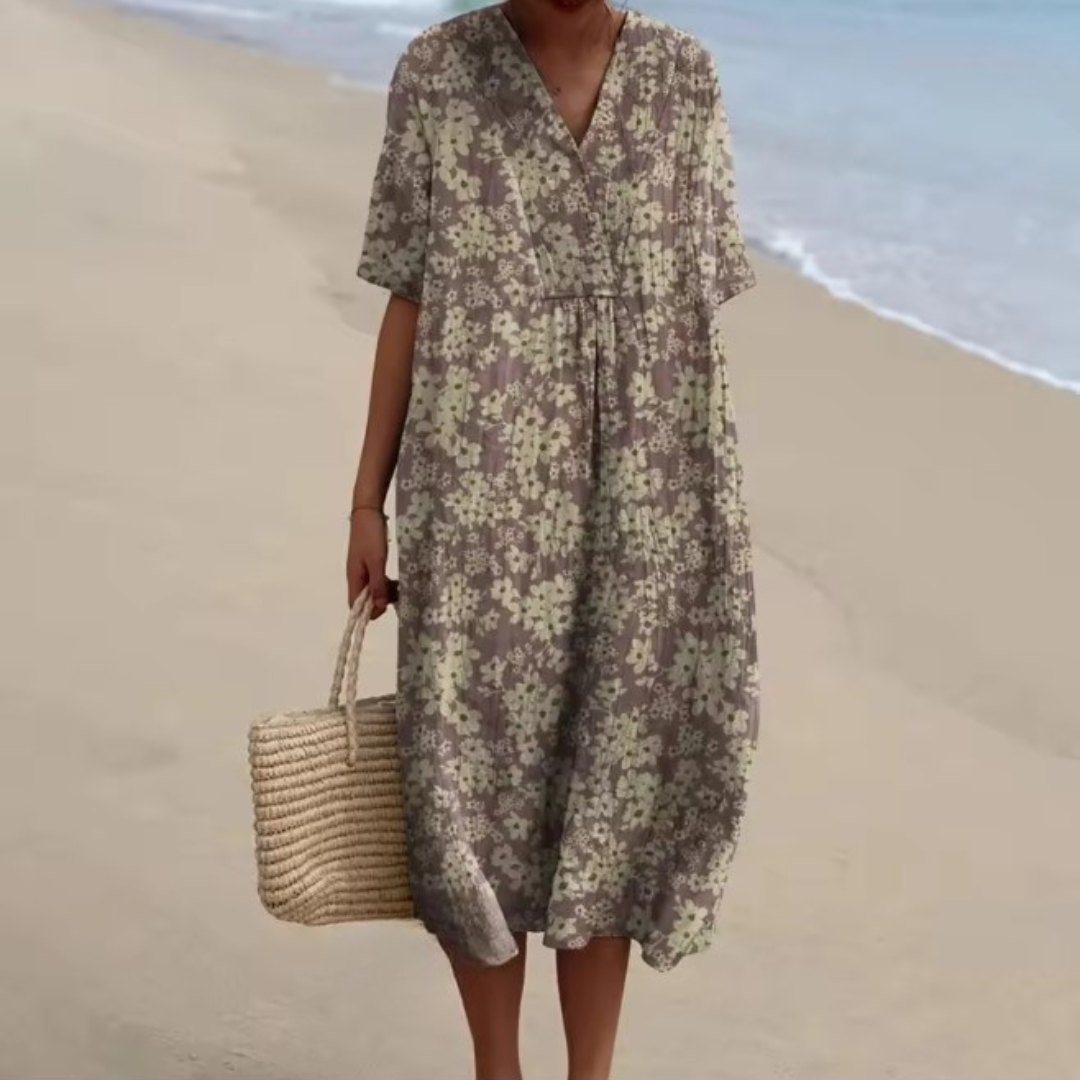 Aylah™ | Soft Taupe Bloom Midi Dress