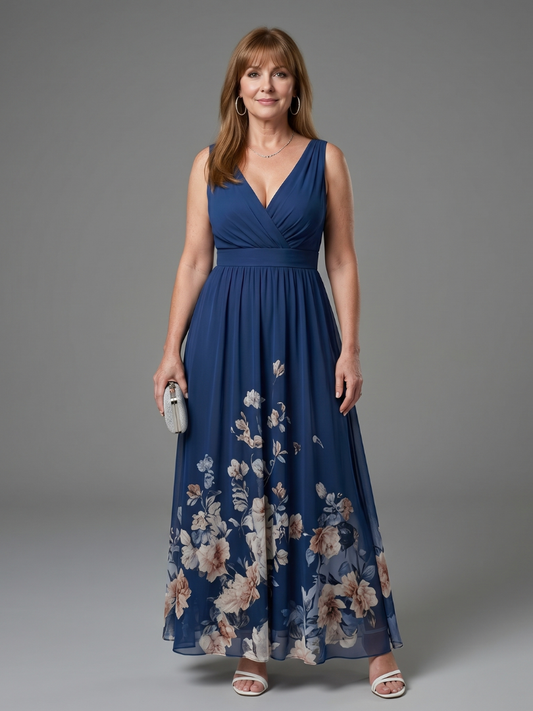 Clarissa | Sleeveless V Neck Soft Floral Hem Midi Dress