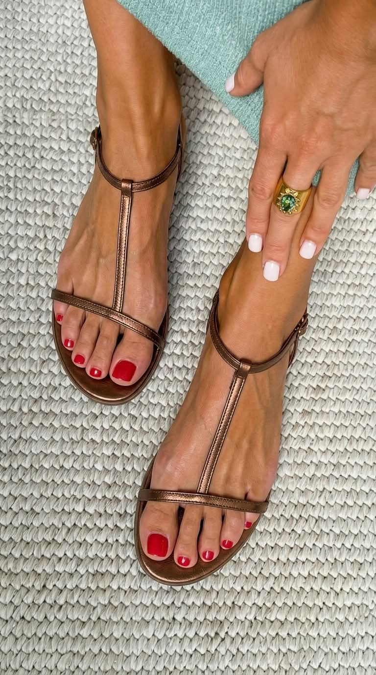 Chloe - Metallic Flat Sandals with T-Straps for Summer