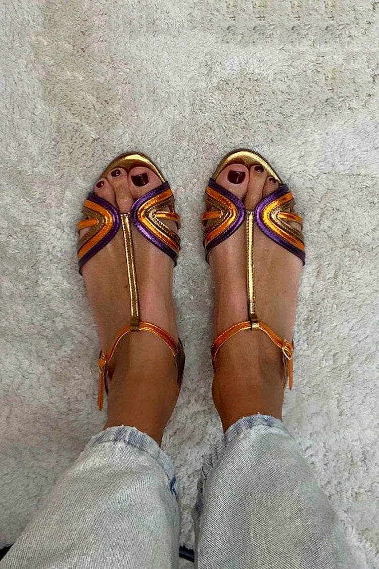 Harper - Golden Sandals with Buckle and Multicolour Strap for Summer