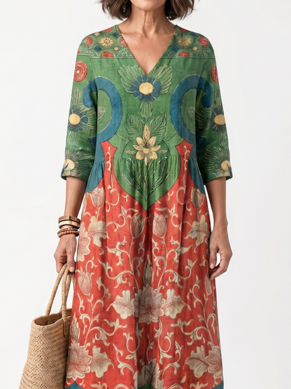 Sloane | Mixed Print V-Neck Pocket Midi Dress