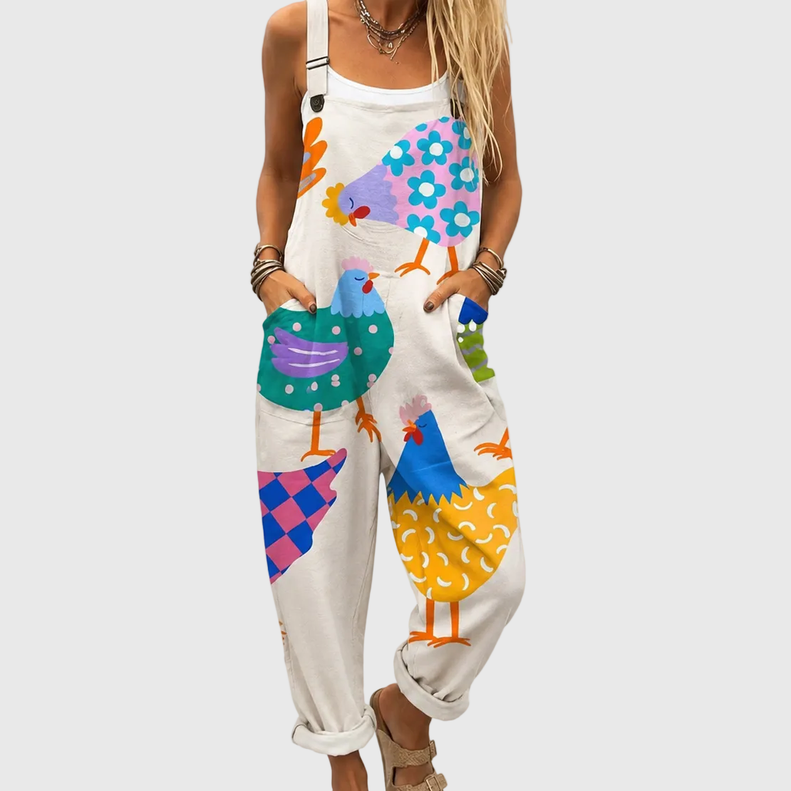 SOFT JUMPSUIT WITH COLOURFUL CHICKEN PRINT