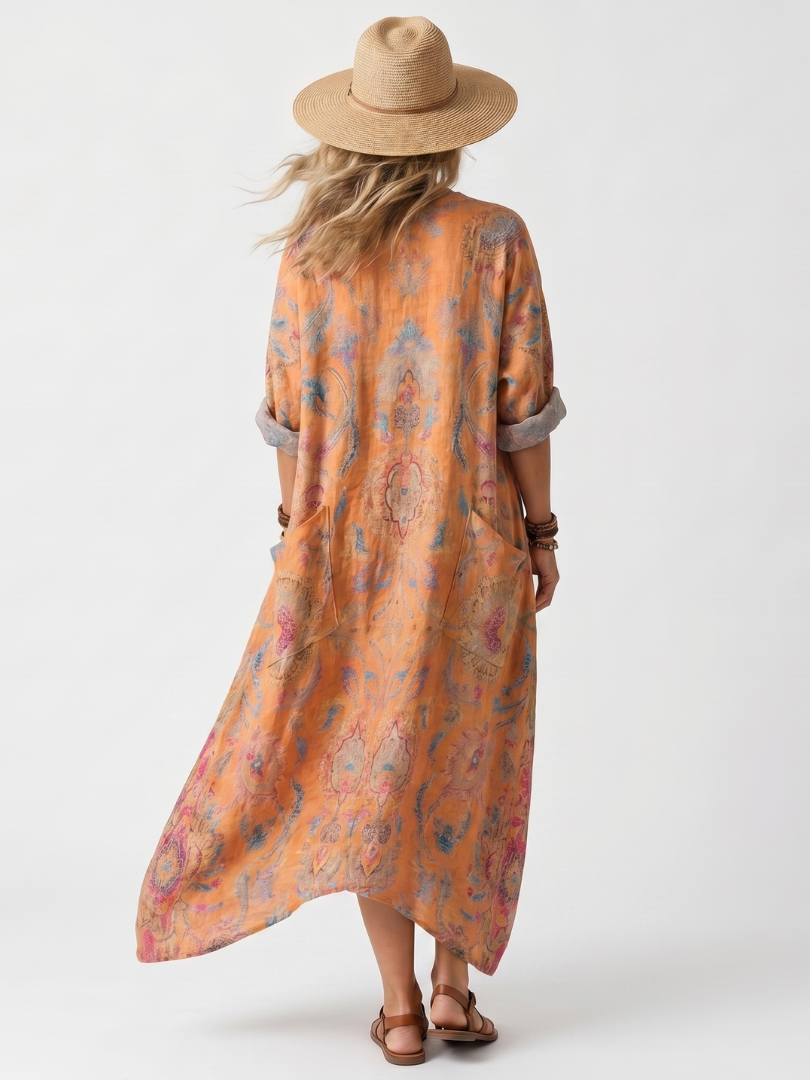 Remi | Printed Oversized Midi Dress with Notch Neck and Pockets