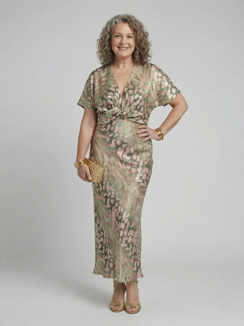 Vivienne | Abstract Print V Neck Twist Waist Midi Dress
