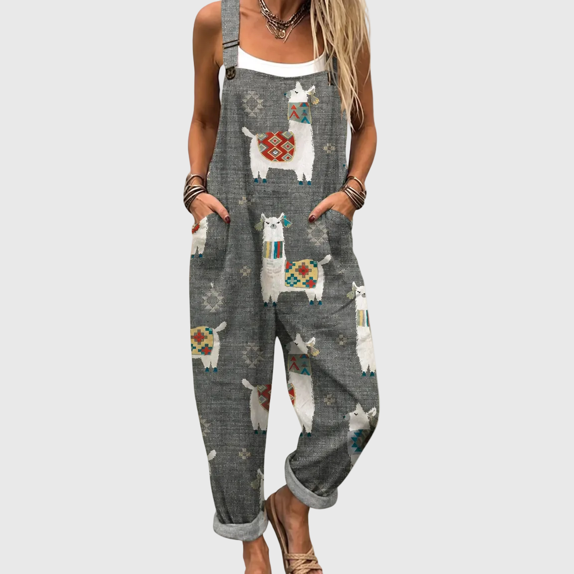 SOFT GREY JUMPSUIT WITH LLAMA PATTERN