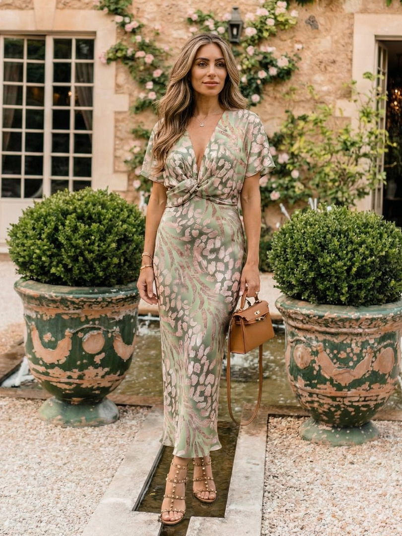 Vivienne | Abstract Print V Neck Twist Waist Midi Dress