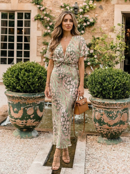 Vivienne | Abstract Print V Neck Twist Waist Midi Dress