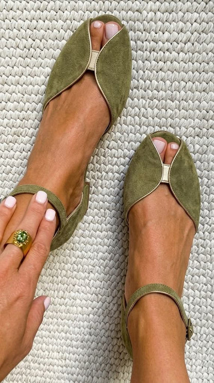 Amelia - Elegant suede ballet flats with metallic trim and open toe