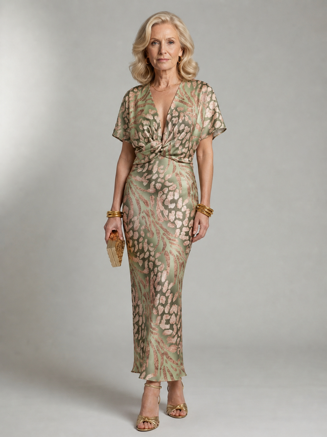 Vivienne | Abstract Print V Neck Twist Waist Midi Dress