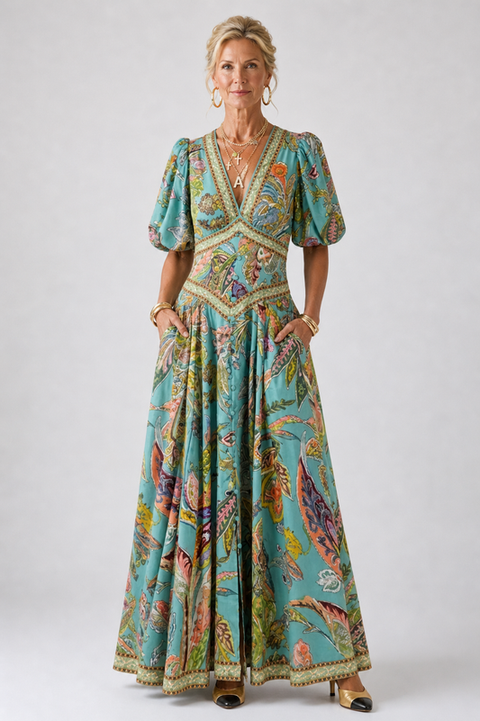Elise | Airy maxi dress with puff sleeves and V-neck