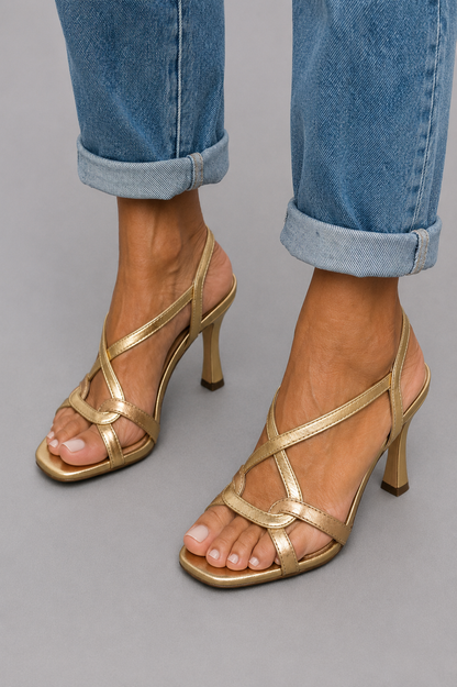 Avery - Metallic Gold Heels with Crossed Straps for Summer