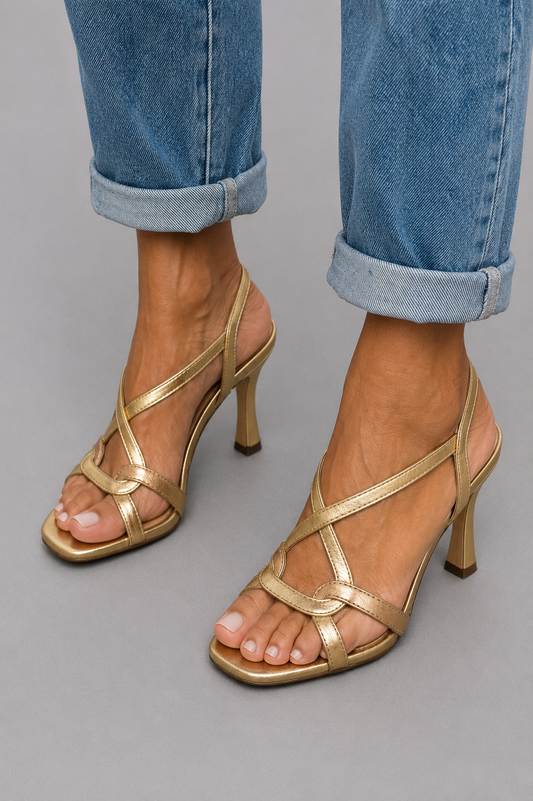 Avery - Metallic Gold Heels with Crossed Straps for Summer