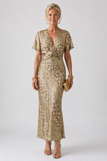 Vivienne | Abstract Print V Neck Twist Waist Midi Dress