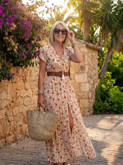 Joselin – Long, flowy bohemian dress with belt