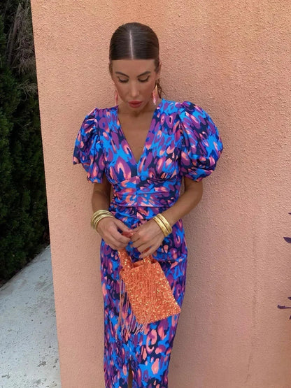 Aurora™ | Vibrant Midi Dress with Puff Sleeves