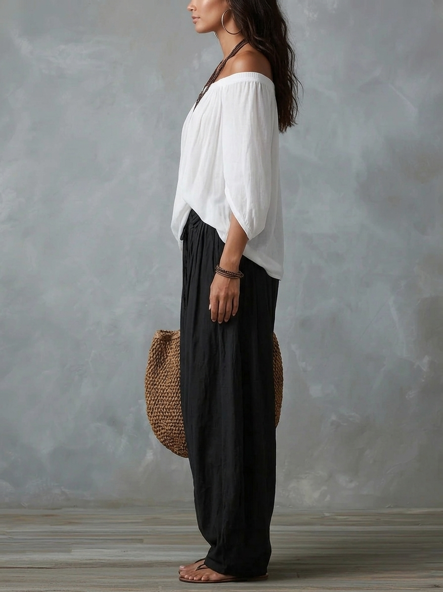 White Off-the-Shoulder Top and Loose-Fitting Lantern Pants Set