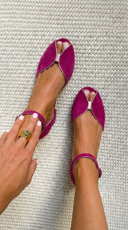 Amelia - Elegant suede ballet flats with metallic trim and open toe