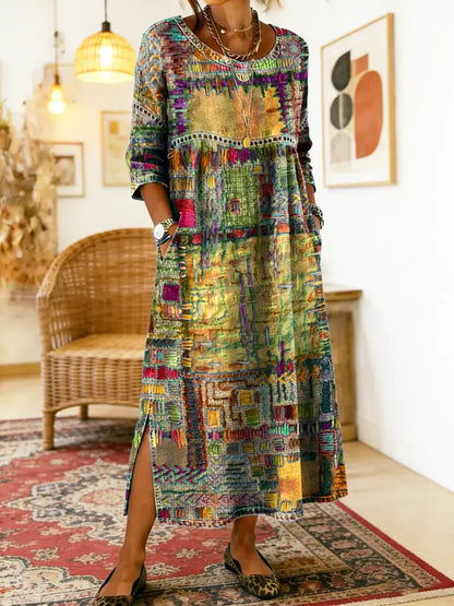 Zinnia - Printed Dress with Ethnic Patchwork