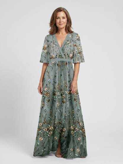 Adeline | Floral V Neck Short Sleeve Maxi Dress
