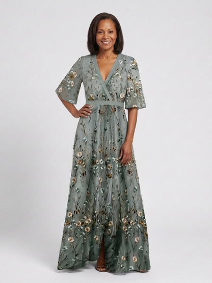 Adeline | Floral V Neck Short Sleeve Maxi Dress