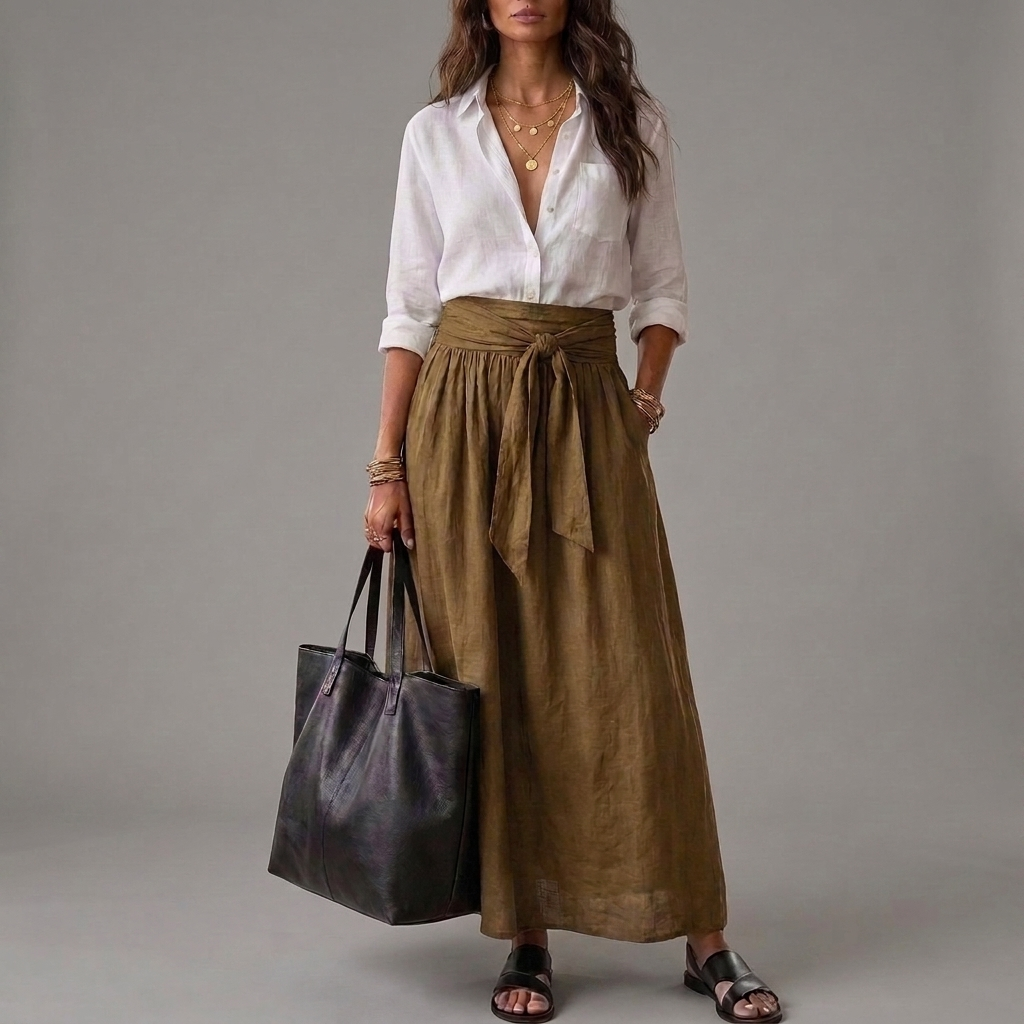 Sahara | Two-Piece Set: Black Top and Olive Green Midi Skirt
