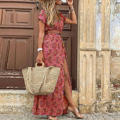 Joselin – Long, flowy bohemian dress with belt